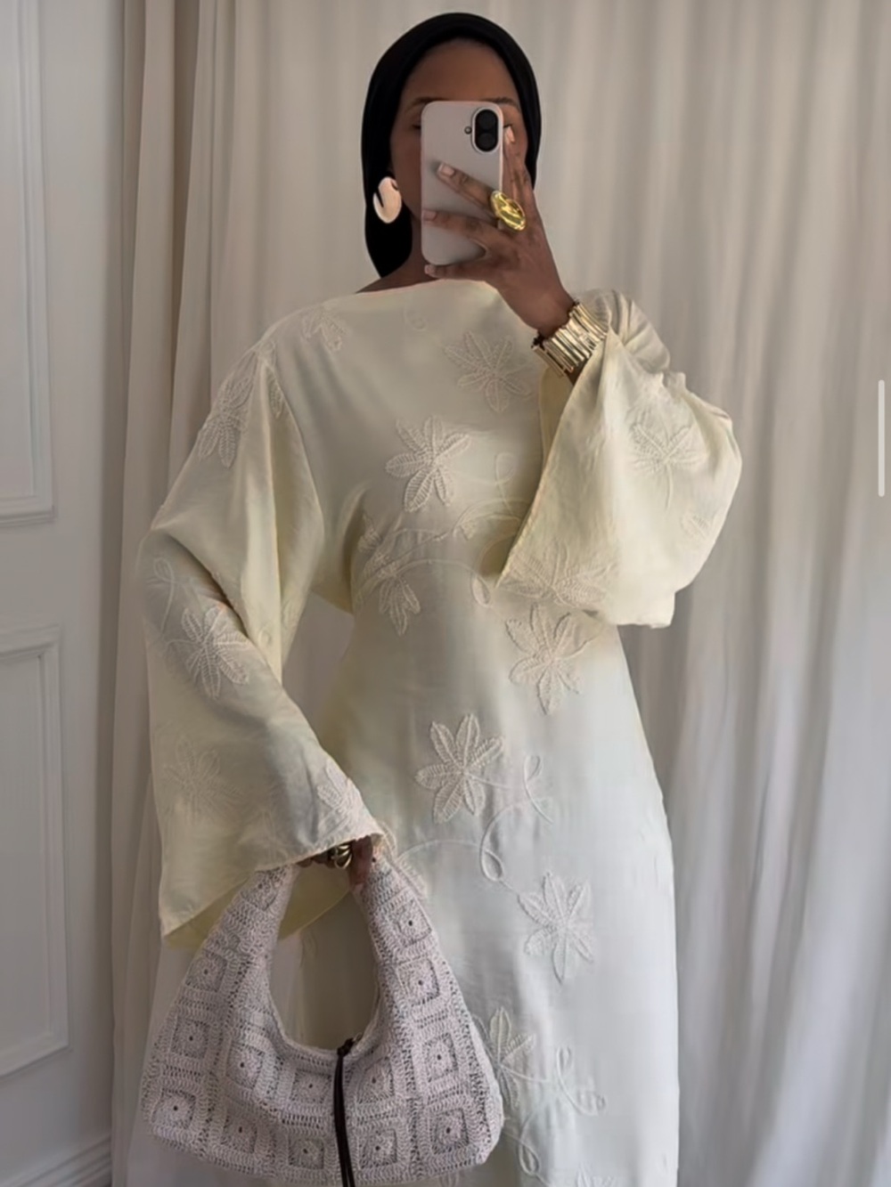 Elegant Cream Embroidered Maxi Dress - Modest Long Sleeve